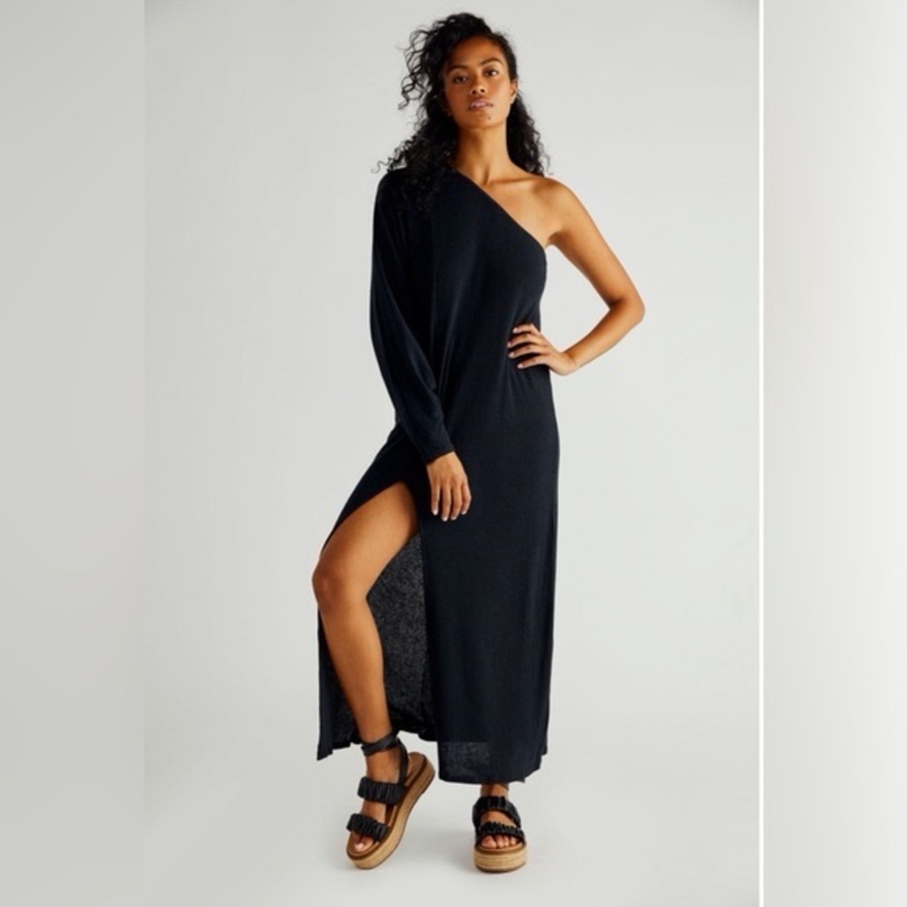 Free People FP Beach Kara One Shoulder Midi Dress Front Slit Linen Black Sz XS